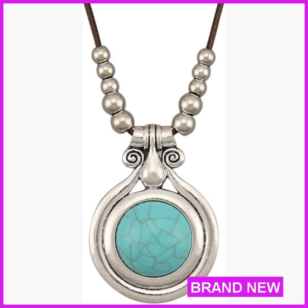 Boho Statement Necklace Chunky Pendant Leather Cord Long Layering Jewelry